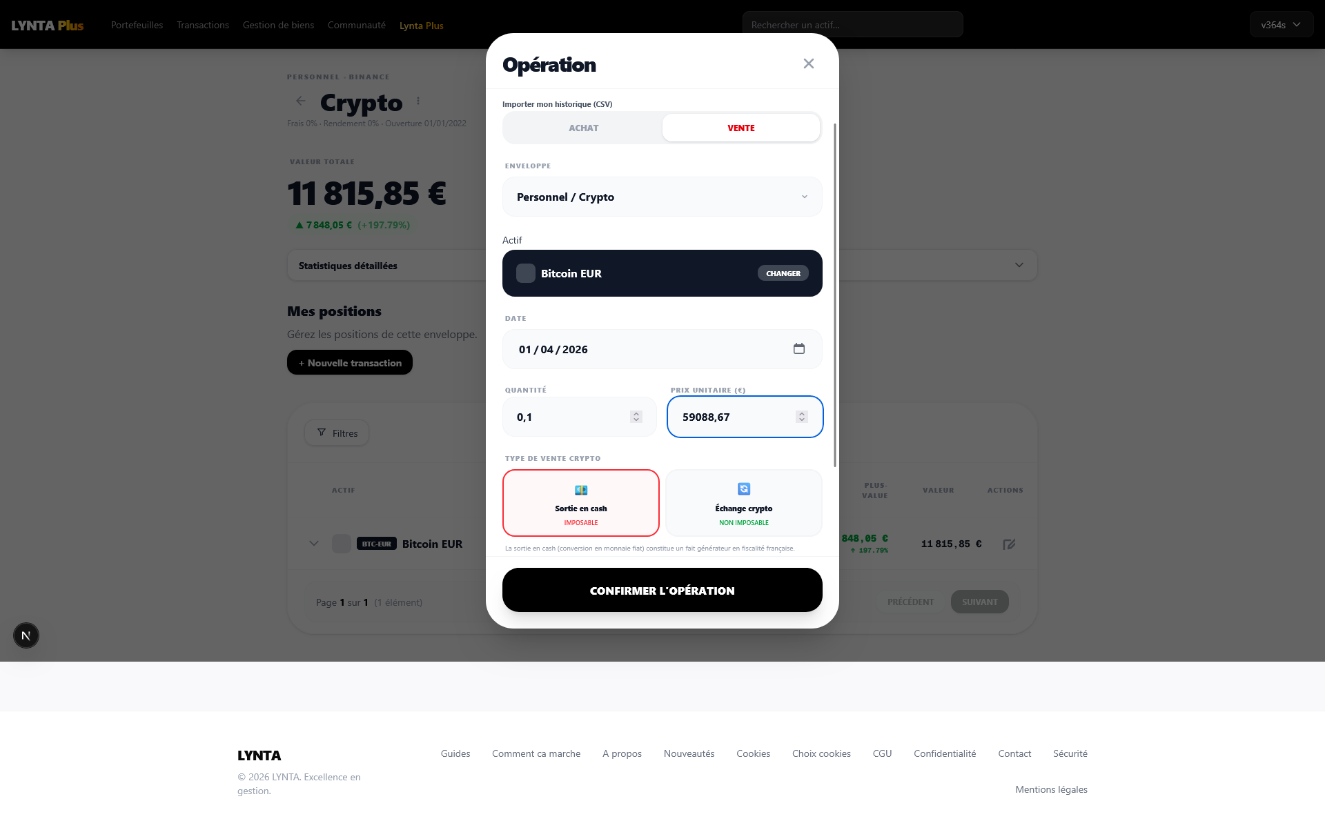 Modal Lynta : choix entre échange en euros (imposable) et échange crypto (non imposable)