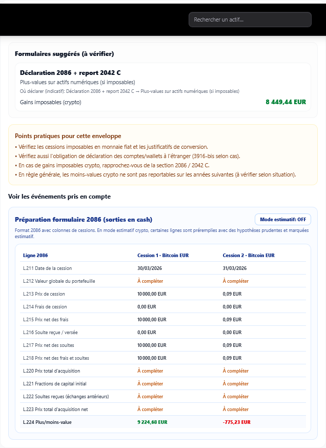 Lynta Plus – rapport fiscal crypto avec cessions imposables et calcul 2086